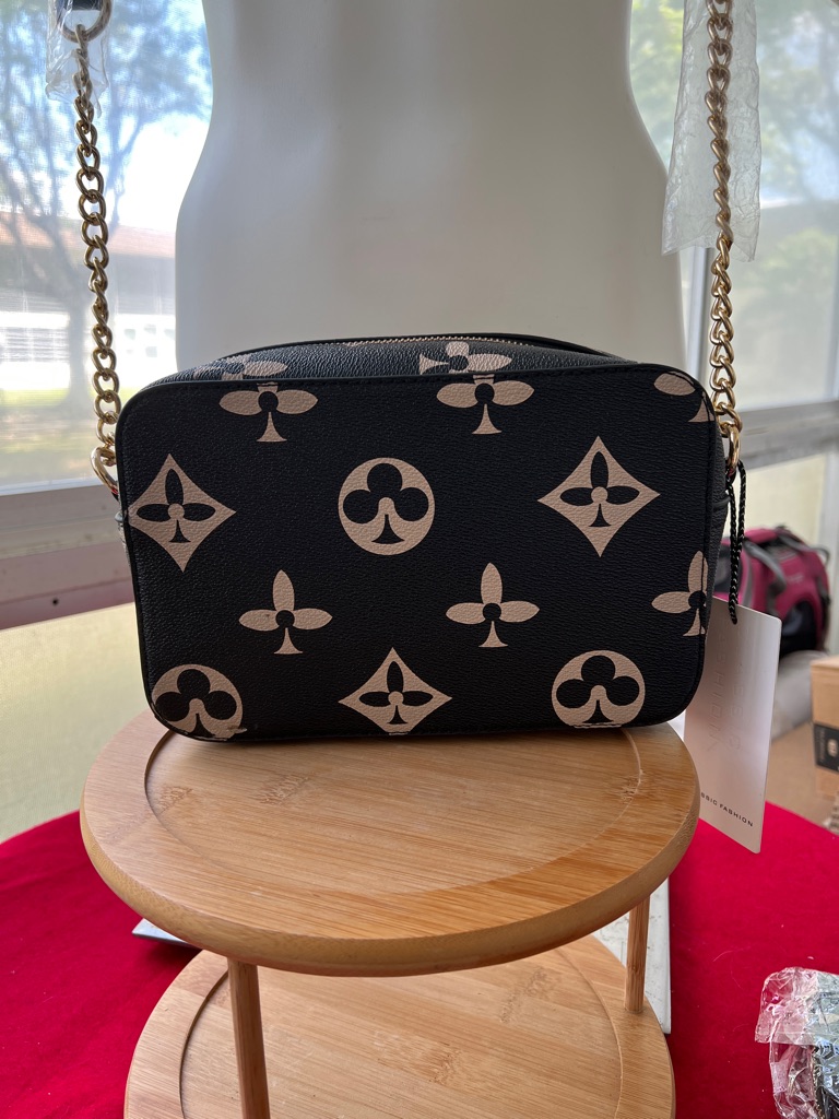 Classic Fashion Black Crossbody Bag With Beige Monogram